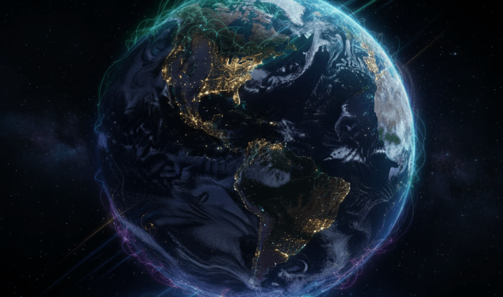 Digital rendering of Earth at night featuring colorful network lines spanning the Americas.