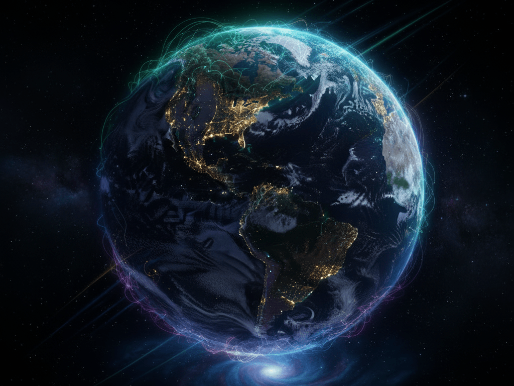 Digital rendering of Earth at night featuring colorful network lines spanning the Americas.