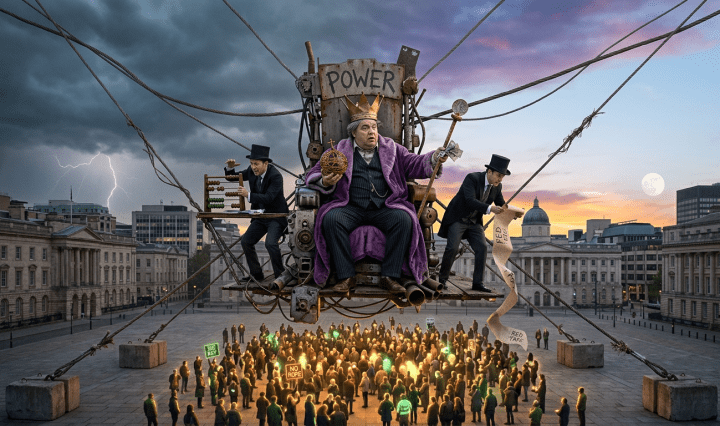 Man seated on a mechanical throne labeled 'POWER' controlling a crowd below with ropes, accompanied by two men with top hats handling an abacus and a long scroll