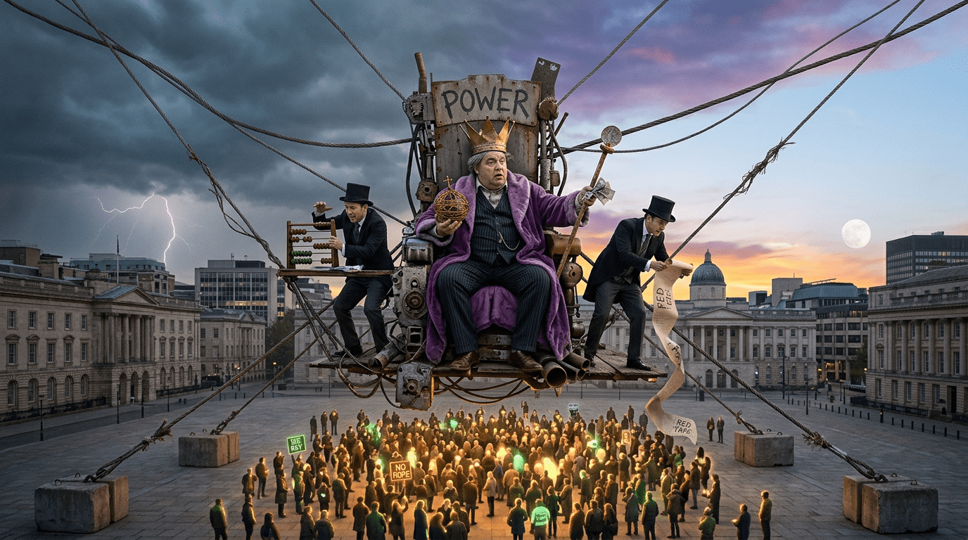 Man seated on a mechanical throne labeled 'POWER' controlling a crowd below with ropes, accompanied by two men with top hats handling an abacus and a long scroll