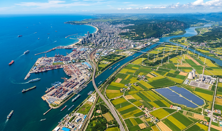 Aerial view of coastal port, city, farmland, wind turbines, and power plant