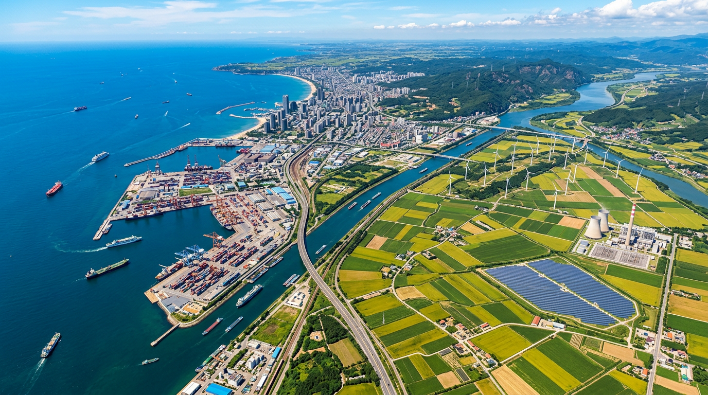Aerial view of coastal port, city, farmland, wind turbines, and power plant