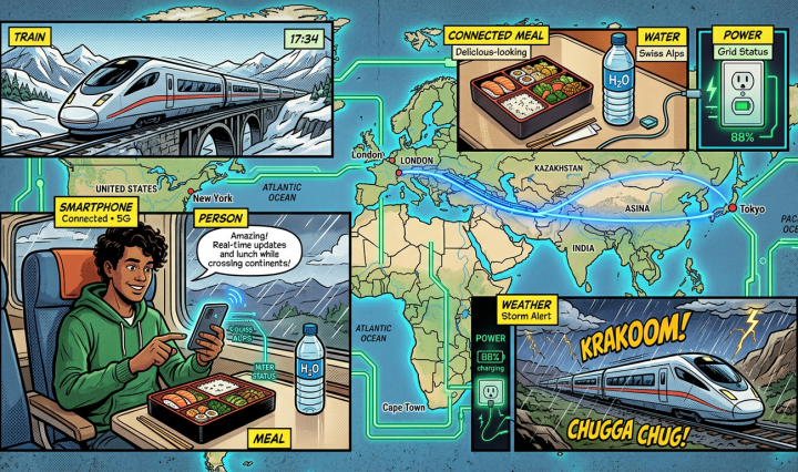 Illustrated smart train journey connecting London and Tokyo with digital services