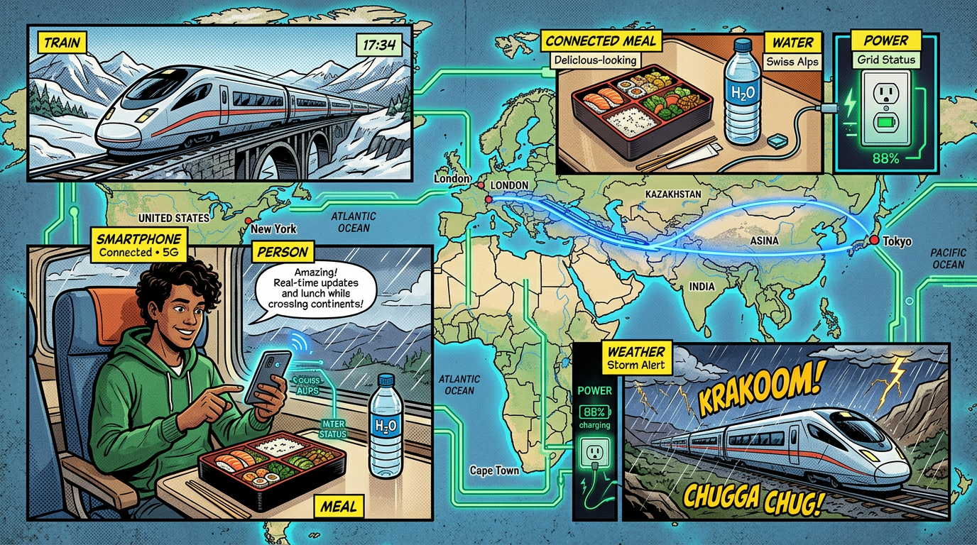 Illustrated smart train journey connecting London and Tokyo with digital services