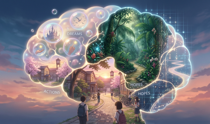 Triptych showing a campus street, tropical garden, and glowing digital pathway
