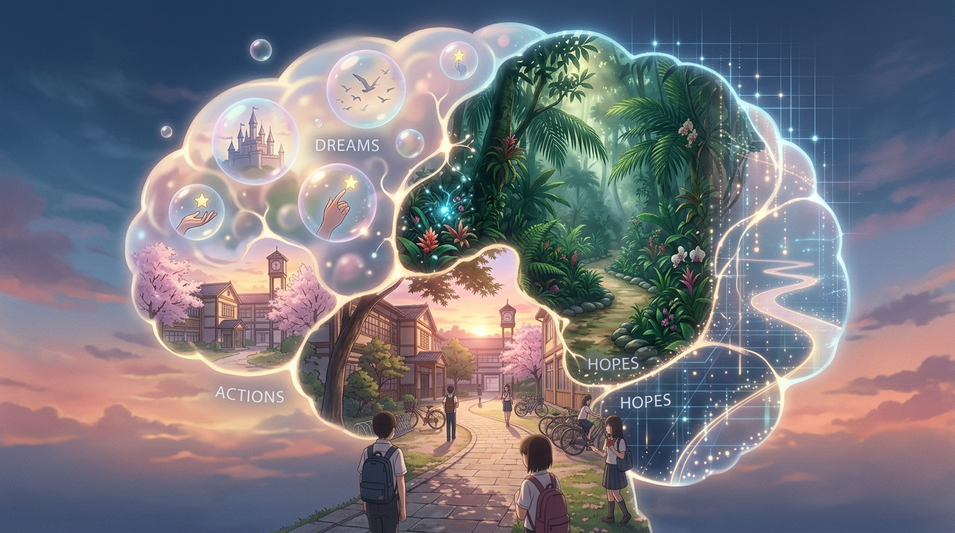Triptych showing a campus street, tropical garden, and glowing digital pathway